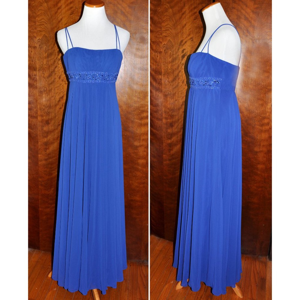 David's Bridal Royal Blue Beaded Spaghetti Strap Full Length Prom Gown